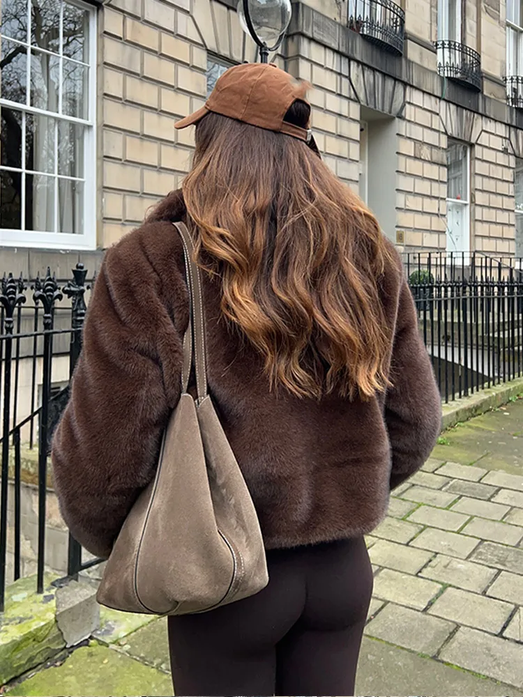 Vintage Brown Lapel Faux Fur Jacket For Women Fashion Solid Long Sleeve Cropped Lapel Coat Winter New Female High Street Outwear