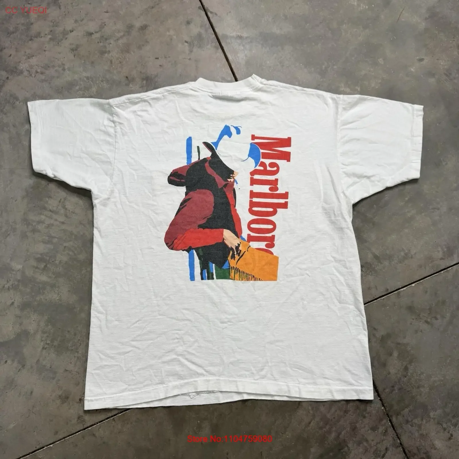 Vintage Marlbor Cowboy Pocket Weiß Herren Großes T-Shirt 90er Jahre Zigaretten Western Vintage Washed Soft Modedesignerkleidung