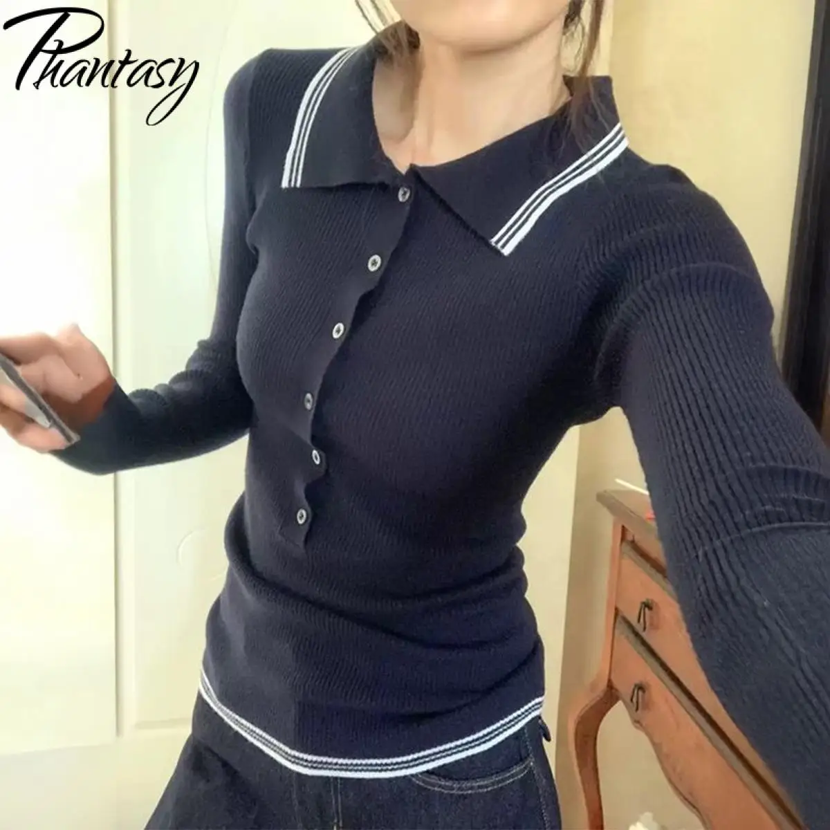 

Phantasy Simple Style Navy Blue Tops Fashionable Lapel Button Decoration Shirt Autumn and Winter New Vintage Women's Clothing