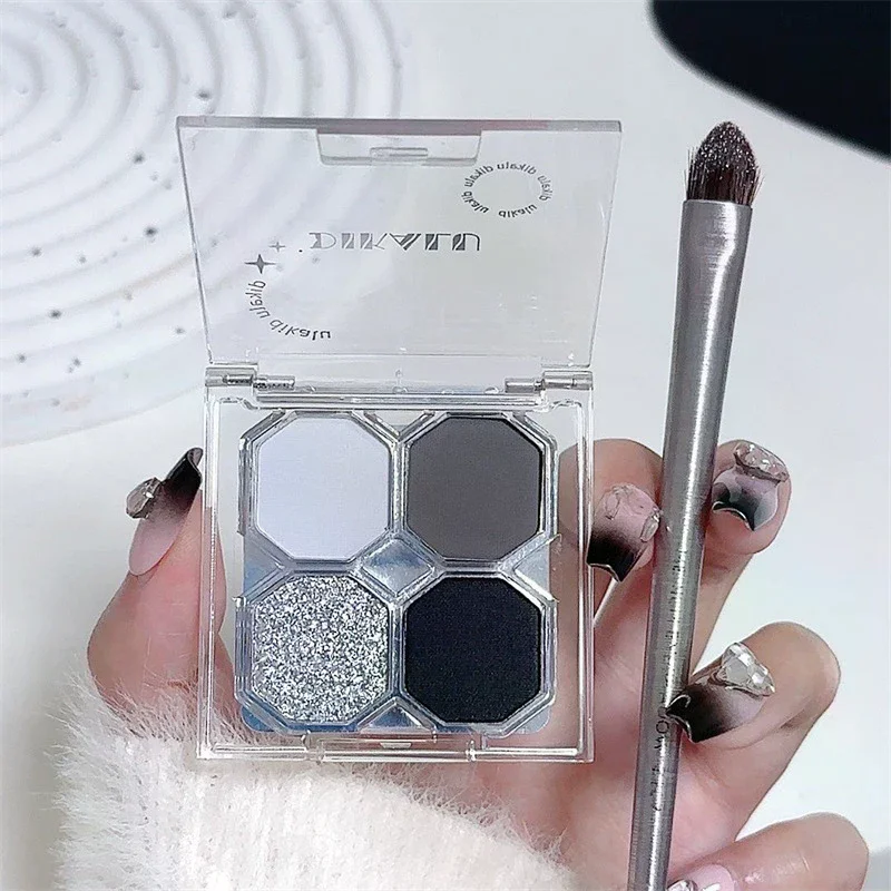 DIKALU 4-Color Punk Smokey Matte Glitter Eyeshadow Palette Shimmer Eye Shadow Makeup Palette Cool Toned Gray Black Eye Palette