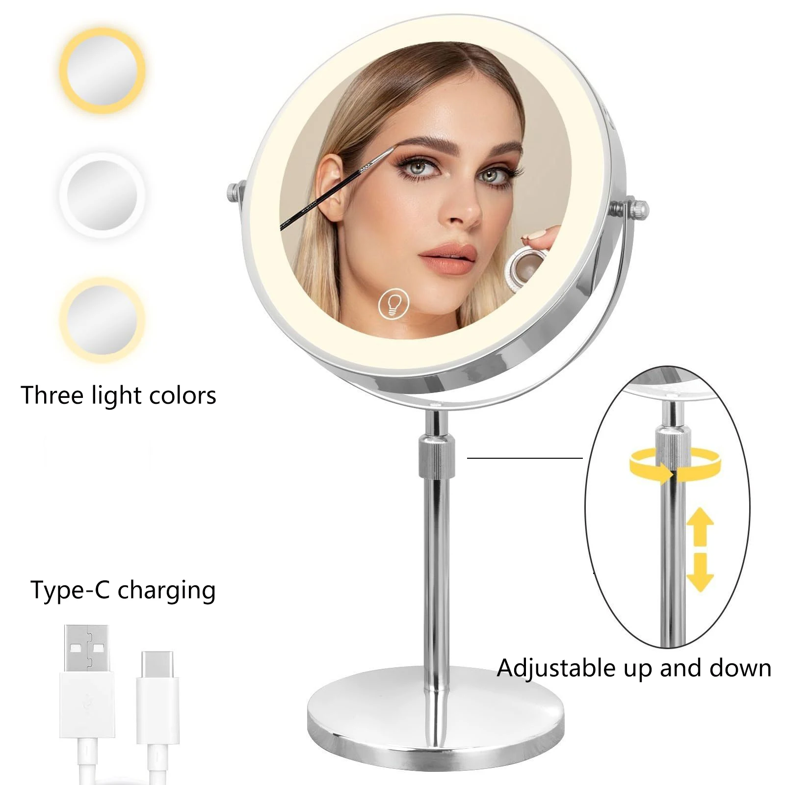 8 Inch LED Makeup Lights with Mirror 7X Magnification Double-Side High-Definition 3 Color Lights Source Vanity Lamp Standing