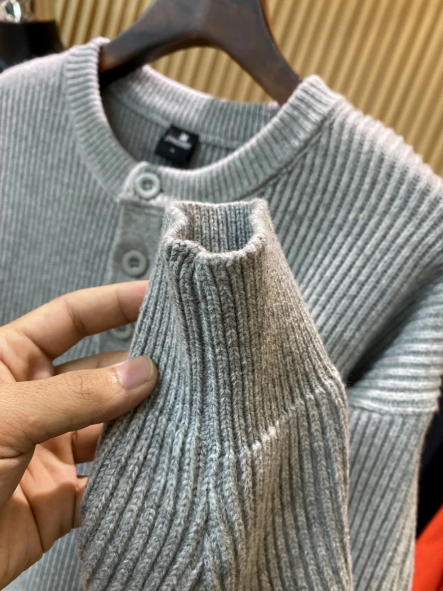 

Classic Tee-Button Knit Sweater Men's Autumn Winter New Pure Color Waed Vertical Stripes Thiened Long Sve Y...
