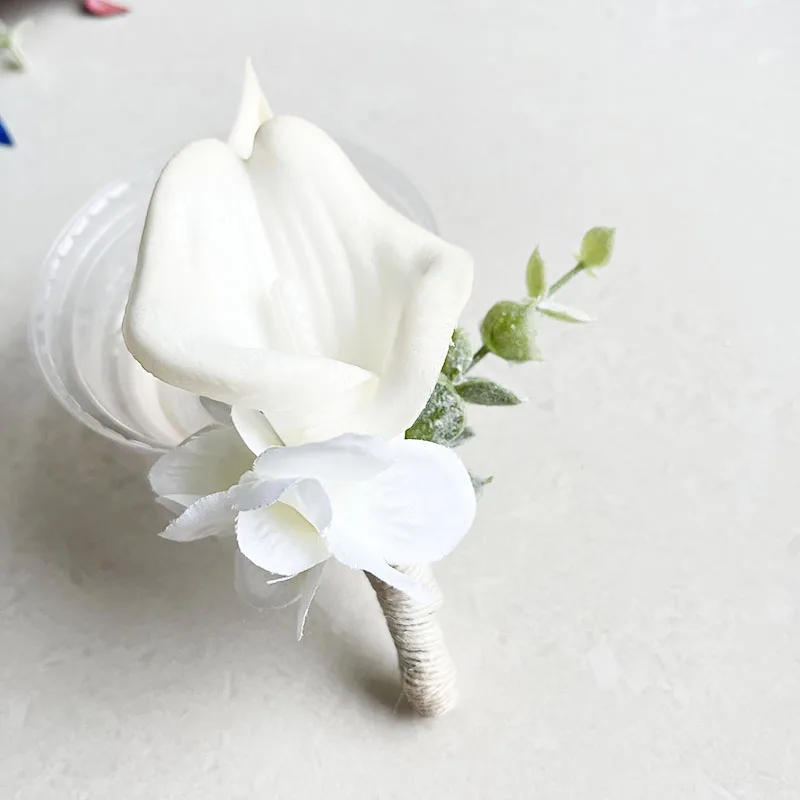 Groom Boutonniere Corsage Wedding Accessories Calla lily Artificial Flowers Buttonhole Men Pins Prom Marriage Brooch Decoration