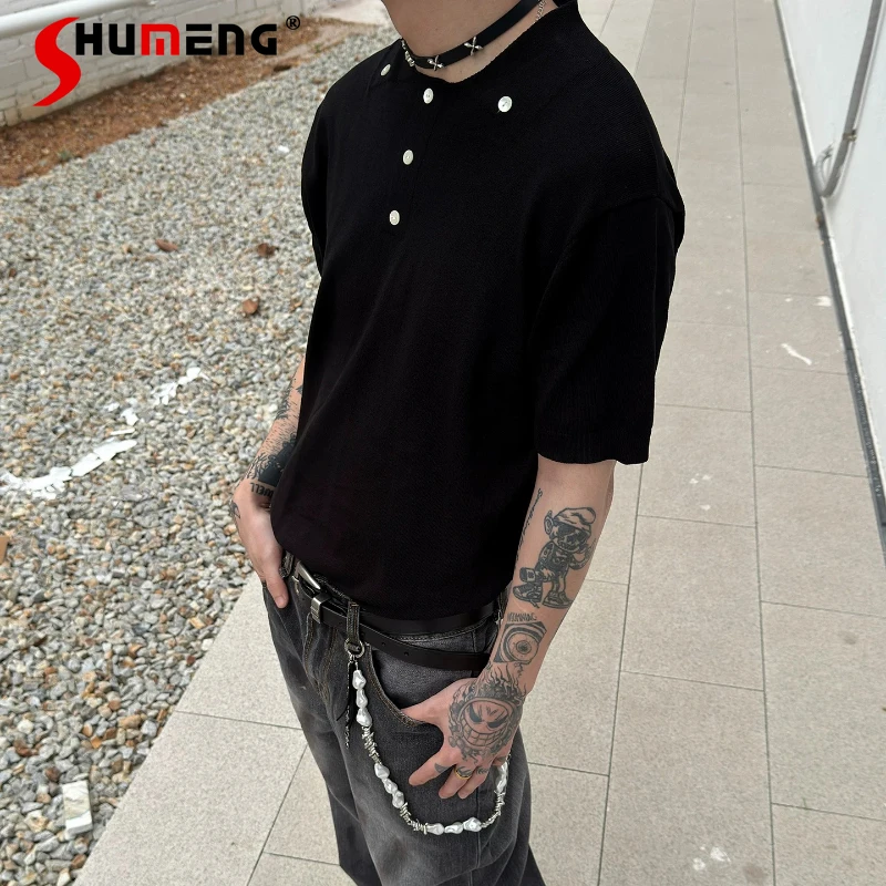

Men's 2026 Summer New Trendy Knitwear Tees Fashion Simple Button Design POLO Collar Short-sleeve T-shirts High-end Knitted Tops