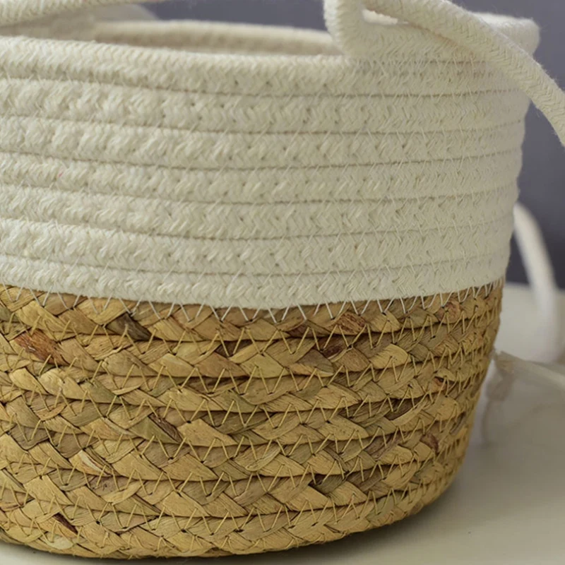 Cesta De Pendurado De Palha Redonda, Suporte De Flores, Decoração De Panela, Corda De Algodão, Tecido