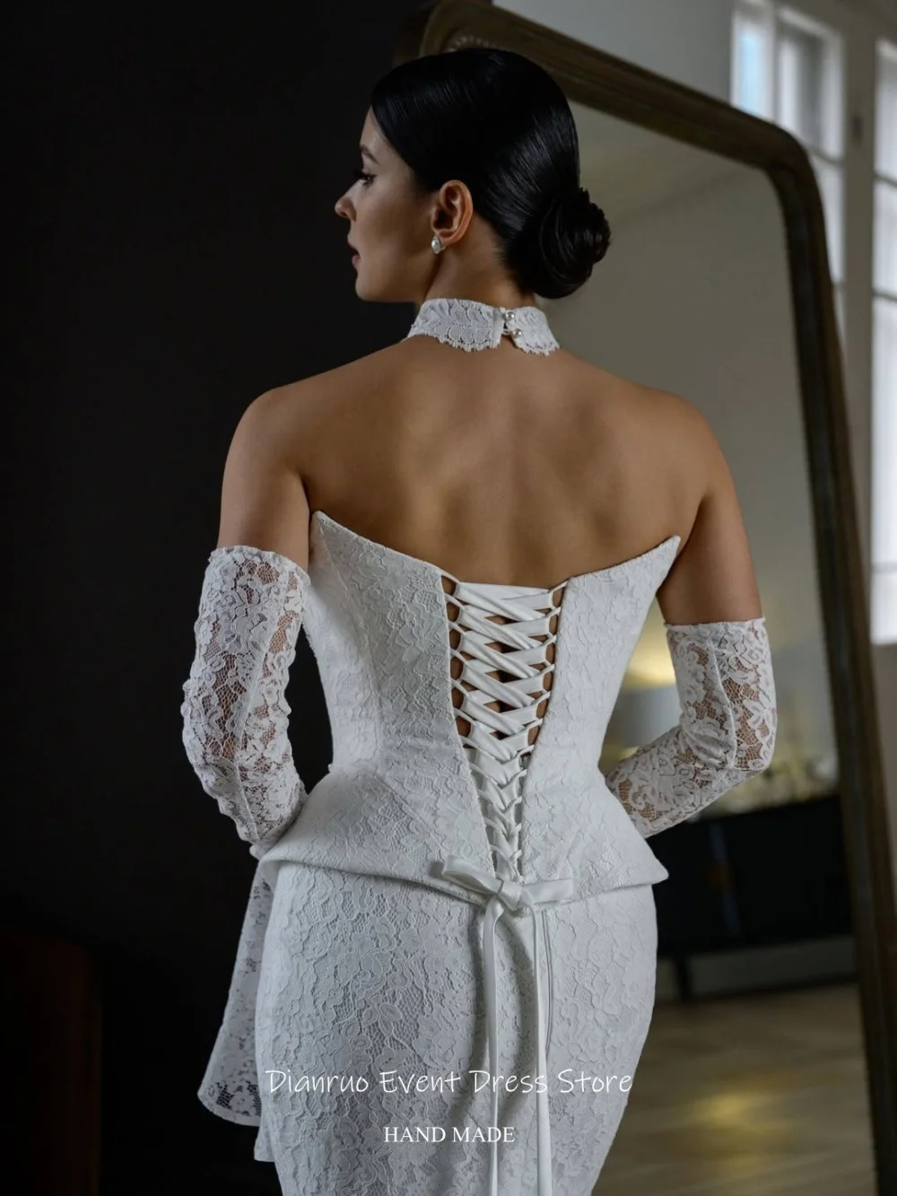 Dianruo Sparkling Pearls Sleeveless Wedding Dress Lace Appliqué Vestido De Noiva Bell Lace Sleeves Robes De Mariée Customized