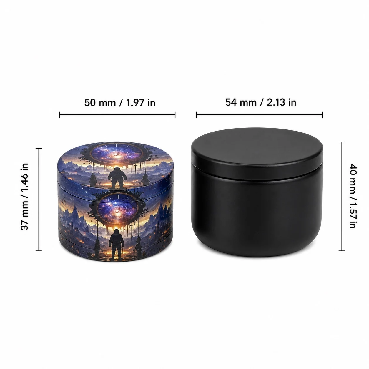 50mm Blue and Purple Astronaut Zinc Alloy Round Herb Grinder Four Layer Hand Operated Tobacco Mill with Black Storage Jar Set