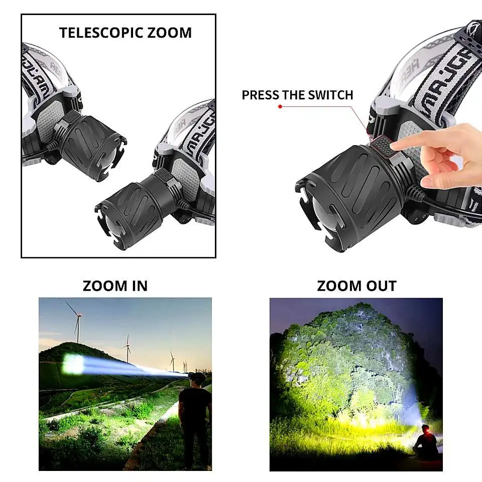 100000LM XHP390 Headlamp Telescopic Zoom 1000m Head Lantern Led Rechargeable Head Flashlight 5000mah Outdoor Fishing Supplies