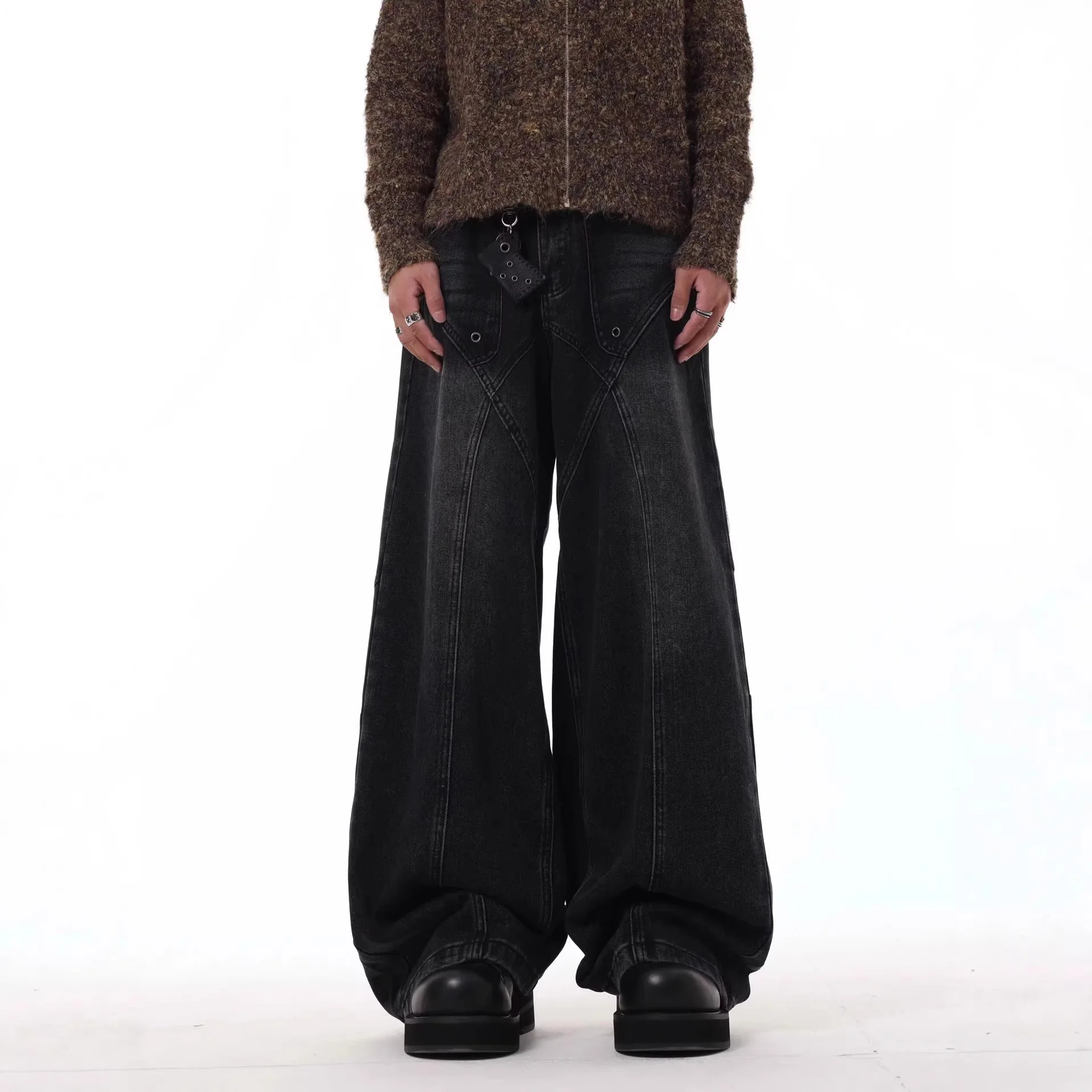 No Faith Studios Simple Black Button Design Straight Vibe Washed Black Denim Pants