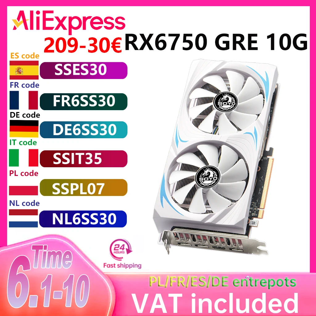 Carte graphique de jeu SOYO AMD Radeon RX6750 GRE 10 Go, mémoire GDDR6, PCIEx16 4.0 pour ordinateur de bureau, cartes vidéo RX 6750 8pin
