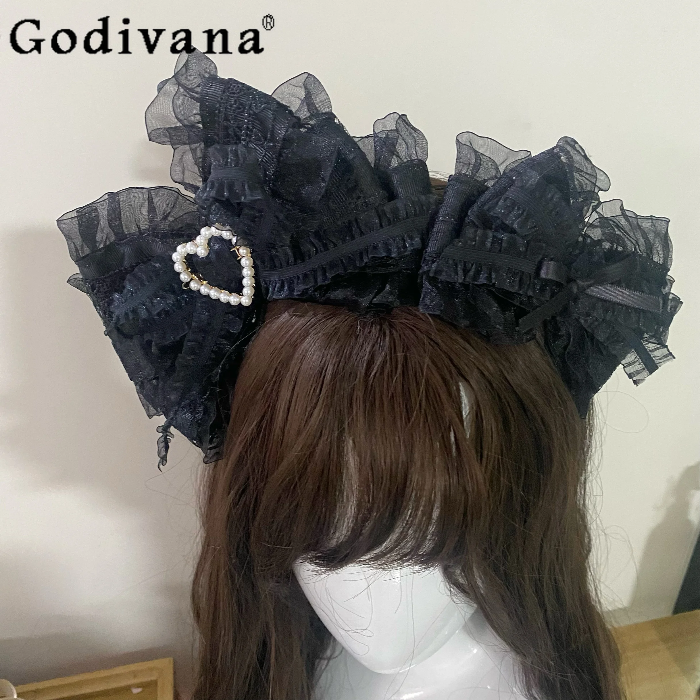 

Повязка для волос с черным бантом и сердцем, винтажный головной убор в стиле Лолиты KC, аксессуар для волос для милых девочек массового производства