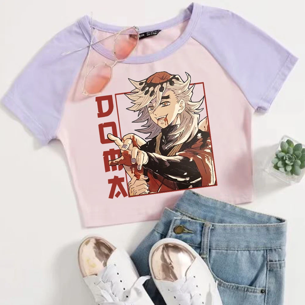 أنيمي شيطان القاتل دوما المحاصيل القمم تي شيرت الفتيات أزياء المرأة س الرقبة قصيرة الأكمام المشجعين هدية تي شيرت