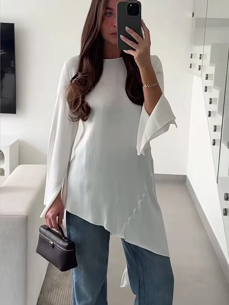 Spring Women Backless Top Fashion Strappy Long Sleeved T-shirt Asymmutrcal Pullovers Shirt Sexy Solid Color Versatile Top