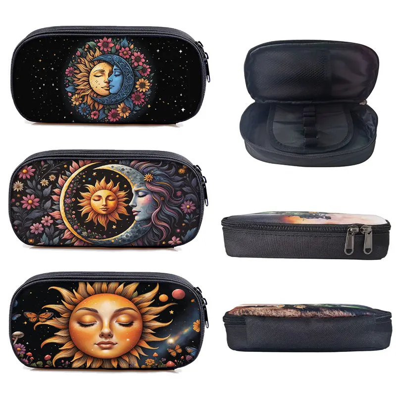 Estuche de cosméticos con estampado de sol y luna misterioso, bolsa de maquillaje para mujer, organizador de lápices labiales, caja de lápices para adolescentes, suministros escolares