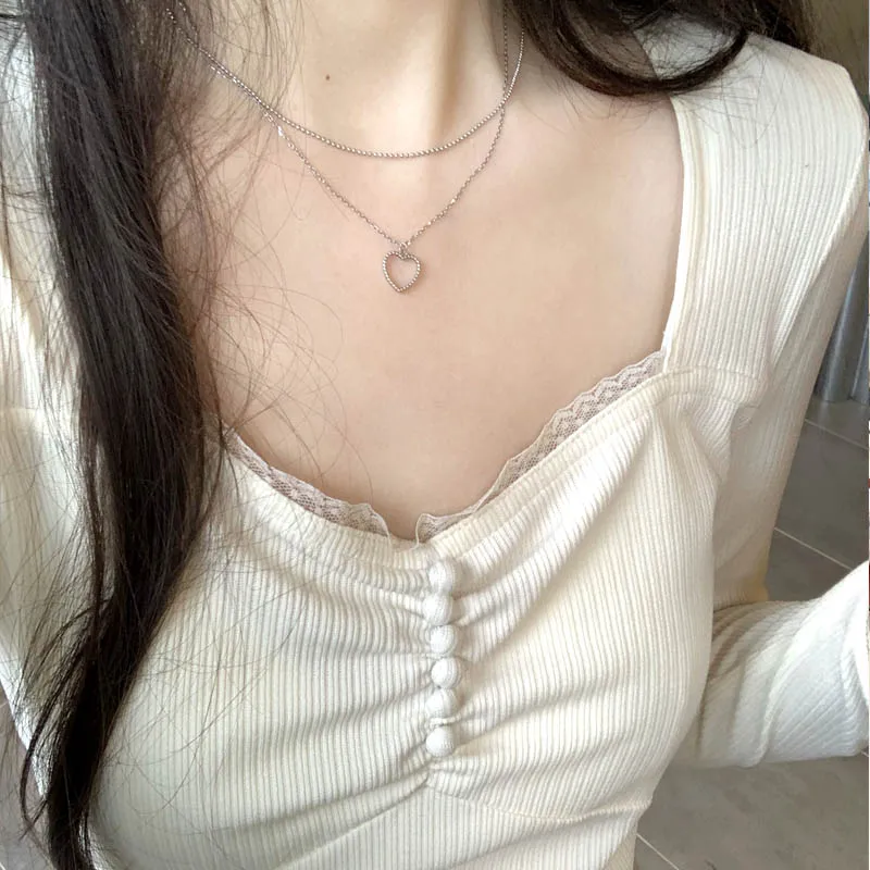 

Spring Autumn Long Sleeve Women's Knitted V-neck Lace Underwear Shirt Slim Fit Design 2026 New Style Sweet Style Pure Color