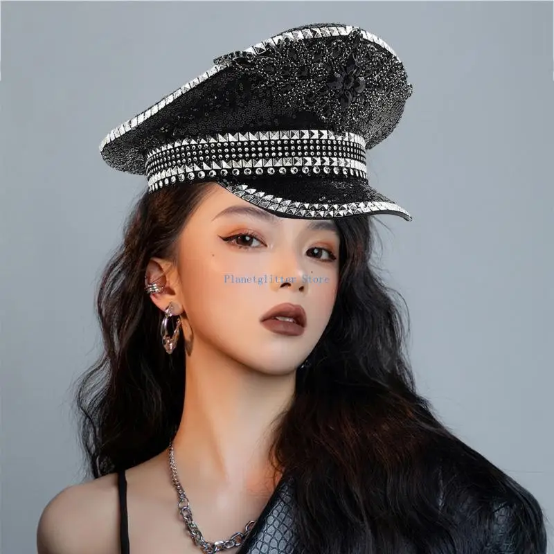 

652B Glittering SequinsCap Black Hat Women Girl Night Club Party Hat