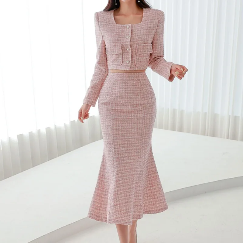 Pink Tweed Jacket + Trumpet Skirts Women Korean Chic Elegant Two Piece Sets Business Square Neck Evening Party Skirts Sets