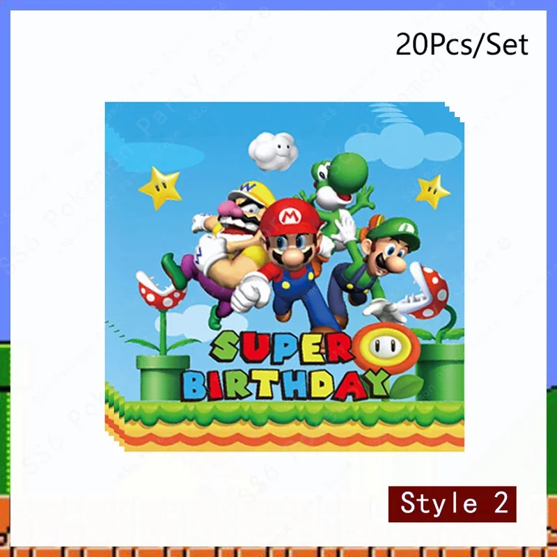 Super Mario Bros วันเกิดตกแต่ง Party Disposable Tableware Baby Shower ถ้วยกระดาษผ้าปูโต๊ะแผ่นกระเป๋าผ้าเช็ดปากชุด