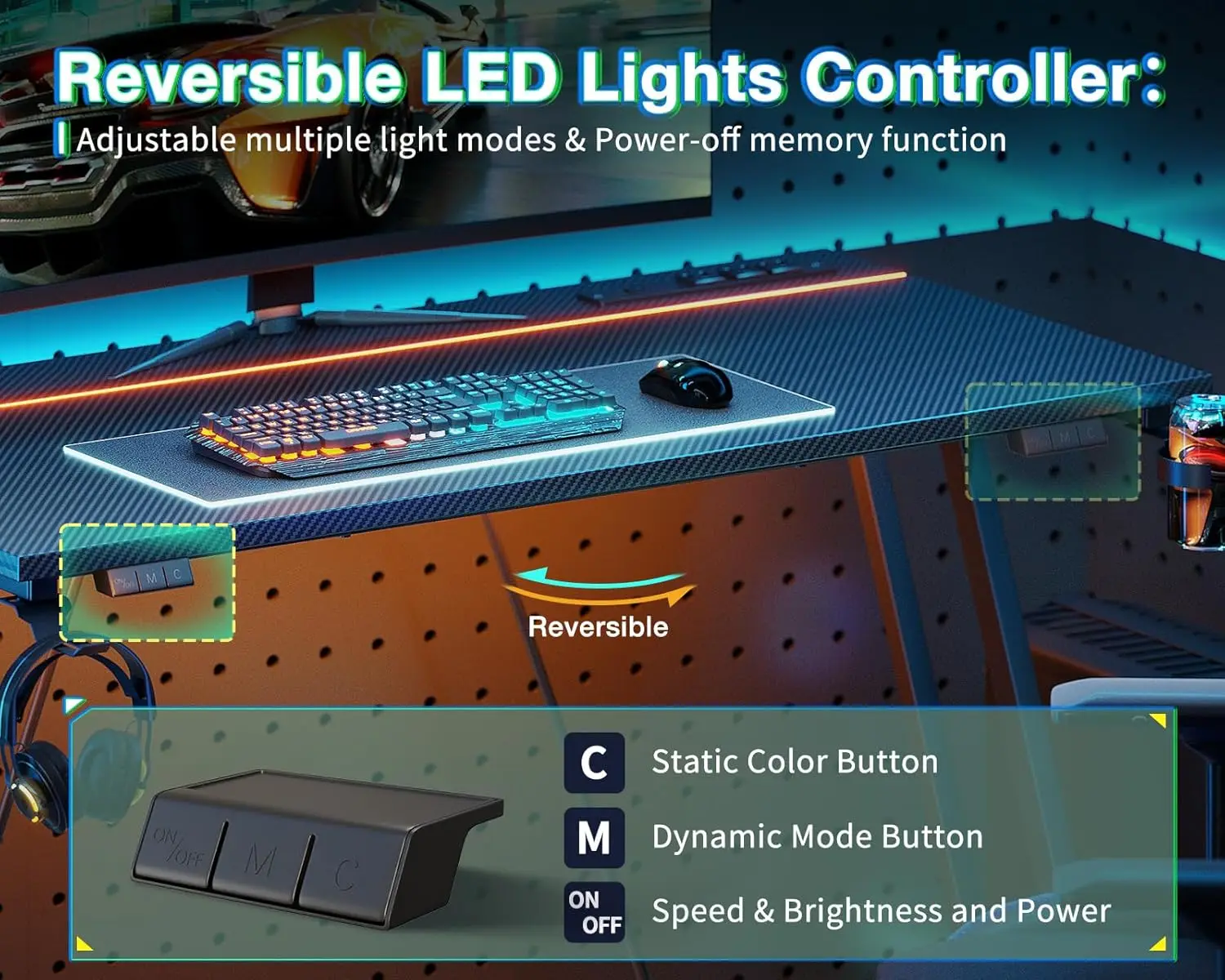 مكتب ألعاب مقاس 47 بوصة مزود بمنافذ LED ومنافذ طاقة، وملمس من ألياف الكربون الأسود، ومكتب كمبيوتر مدمج للمساحة الصغيرة