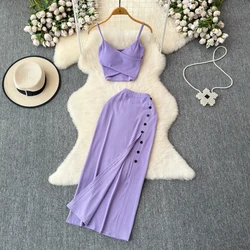 Sexy two Pieces Sets Chic Elegant  v neck slip camis with High Waist Hip Wrap Single Breasted split summer sweet Full Skir