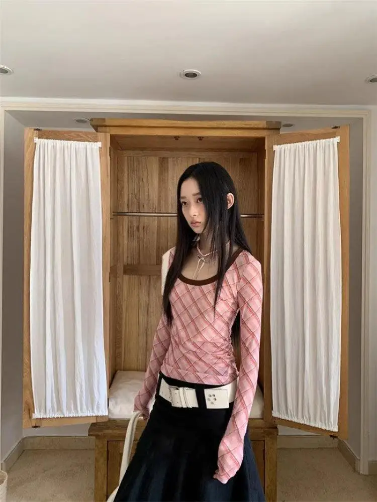 Tonngirls Vintage Plaid T Shirt Women Skinny Tee Tops Streetwear American Retro 90s Crop Tops See Through Tshirts Female Chic