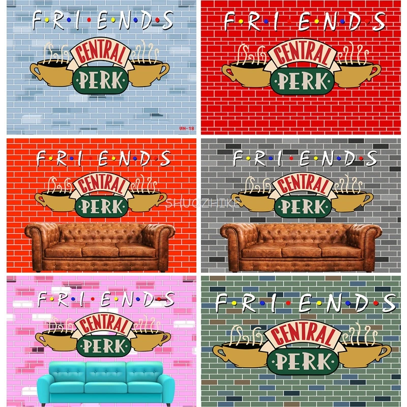 เพื่อนปาร์ตี้ Central Perk กําแพงอิฐการถ่ายภาพฉากหลัง Props Retro โซฟาเด็กธีมวันเกิดพื้นหลังสตูดิโอ QZ-25