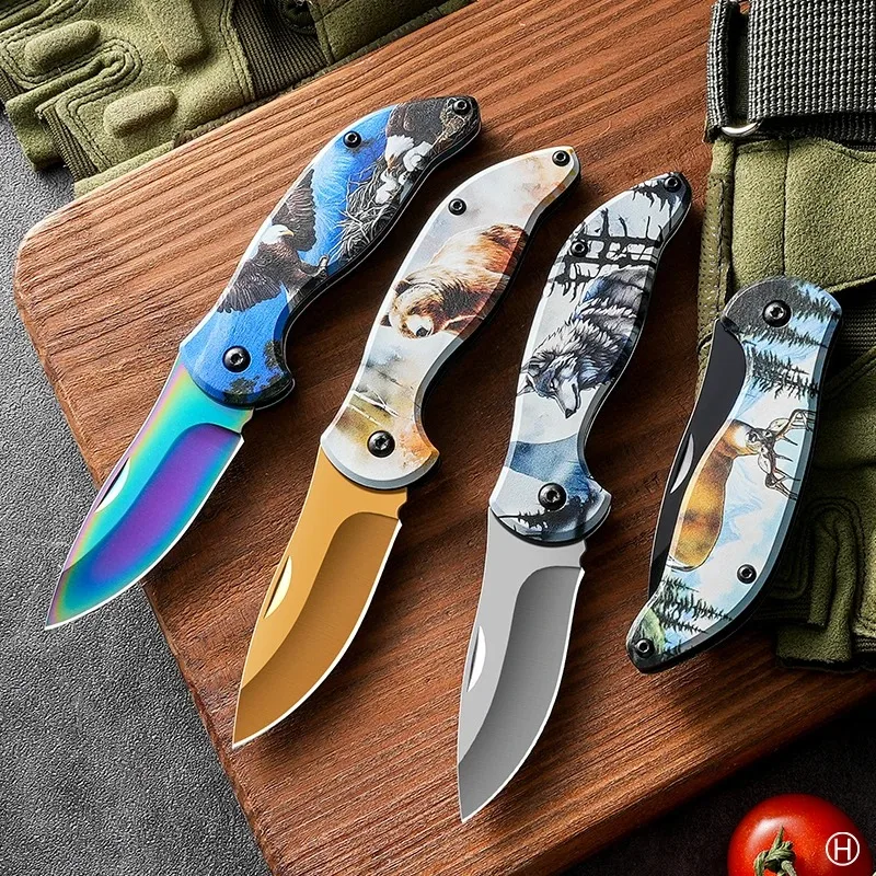 1pc/4pcs Patterned Handle Stainless Steel Folding Knife Outdoor Portable Fruit Knife Mini Survival Knife Camping KR9195