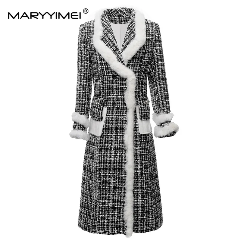 MARYYIMEI New Fashion Runway Designer Women's Lapel Long Sleeves Double-Breasted Tweed Beaded Diamond Feather Plaid Coat