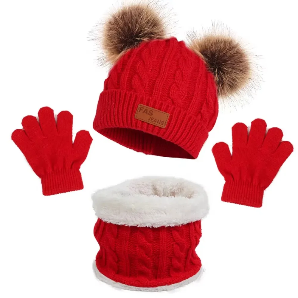 3pcs New Solid Color Hat Scarf Gloves Set Windproof Thicken Toddler Bonnet Infant Accessories 1-5Y Pompom Knitted Hats Winter