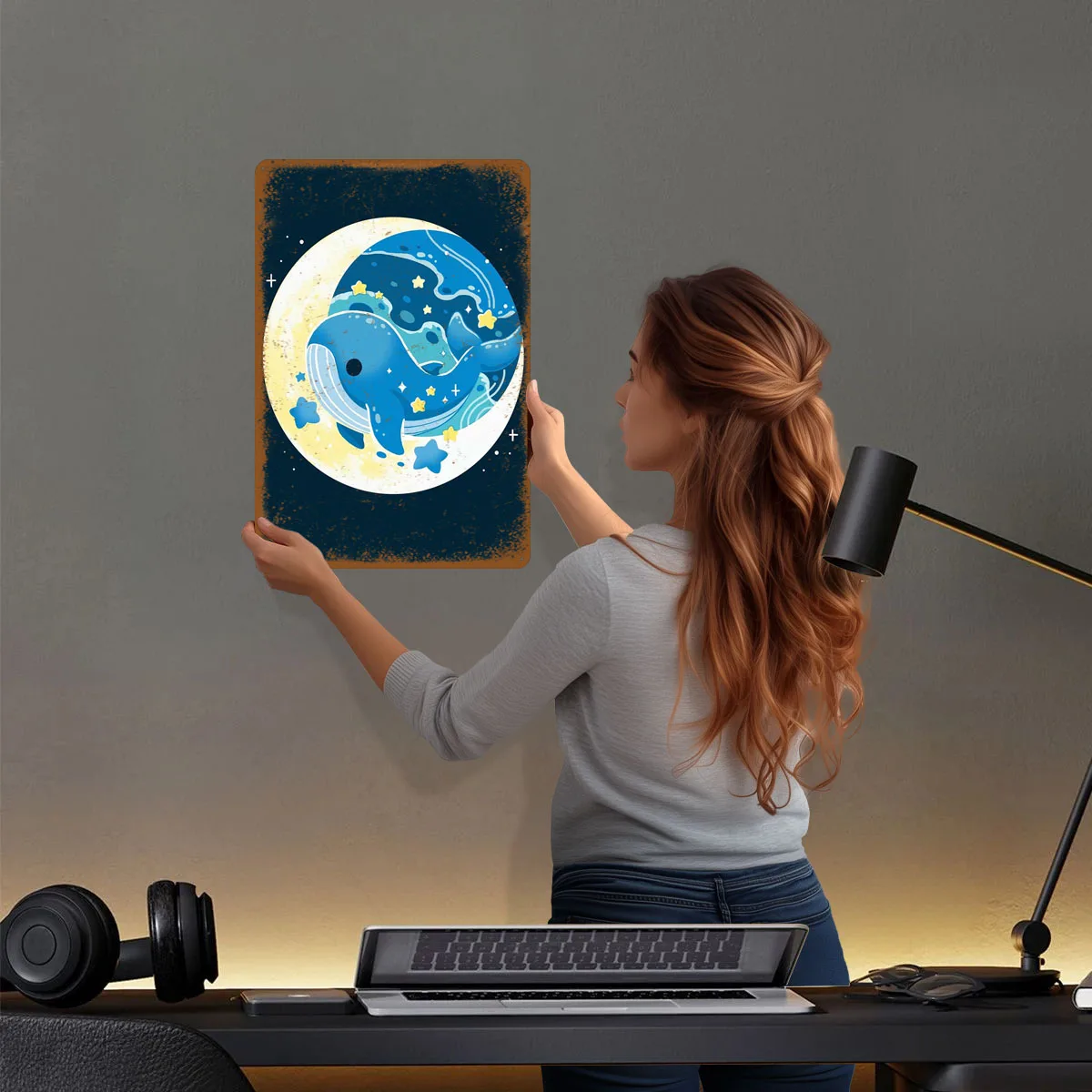 الحوت والقمر الكرتون التوضيح علامات معدنية الحيوان المشارك ديكورات المنزل غرفة المعيشة الديكور المعادن خمر الملصقات بار #2