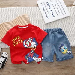 Children's Short Sleeve Set Clothes 2024 Summer New Boys Cartoon Donald Duck T-shirt + Jeans 2Pce Suit Kids Fashion Tracksuits