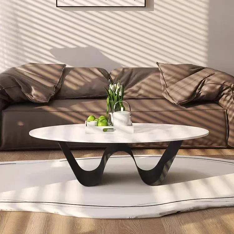 

l Minimalist Unique Design Stainless Steel Base Living Room Center Coffee Table Set Oval Sintered Stone Coffee Tables