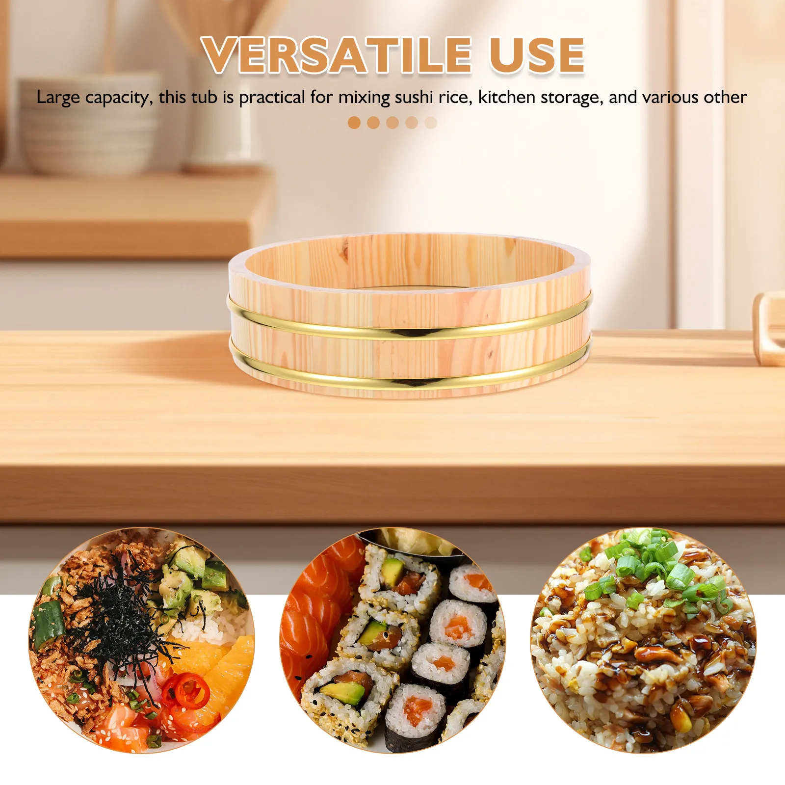 Japanese Wooden Hangiri Sushi Rice Mixing Tub Traditional Sushi Oke Wood 26Cm Rice Mixing Bowl Elegant Gold Trim
