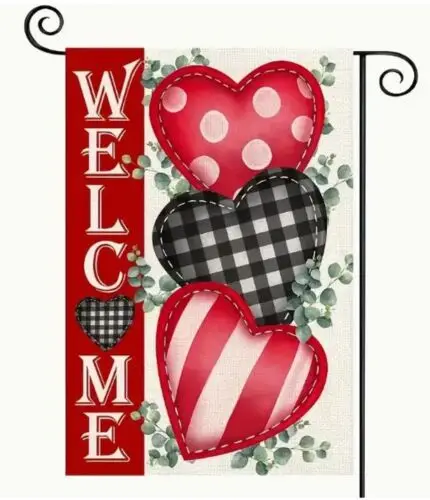 Garden Flag Welcome with Hearts Valentine's Day 12x18in Double sided ZZJ