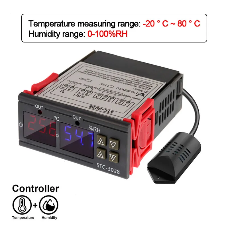 STC-3028 المزدوج الرقمية ترموستات درجة الحرارة الرطوبة التحكم التيار المتناوب 220 فولت تيار مستمر 12 فولت 24 فولت ميزان الحرارة الرطوبة حاضنة تحكم