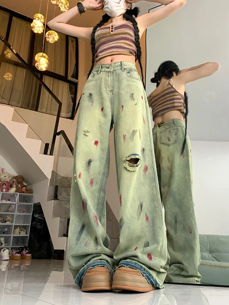 

Fashion Women's Summer Casual Low Rise Wide Leg Jeans American Retro Style Splatter Print Ripped Straight Leg Loose Fit