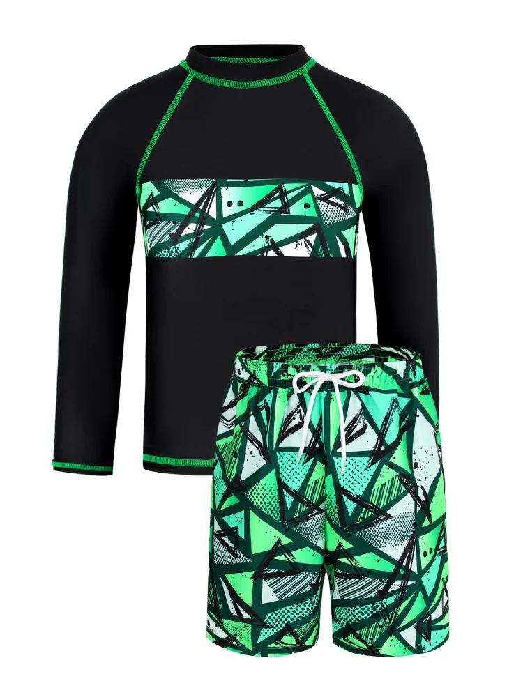 Boy Kids Swimsuit 2026 New Green Geometry Long Sleeves Children Swimwear Summer Two Piece Beach Shorts Bathing Suit For Swimming