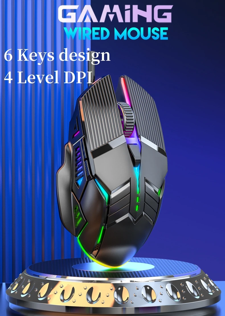 

Wired Gaming Mouse 6 Keys Ergonomics Cool Design Fast Stable Accurate 4 Level DPl Adjustment Game Laser Engine RGB Lights S800