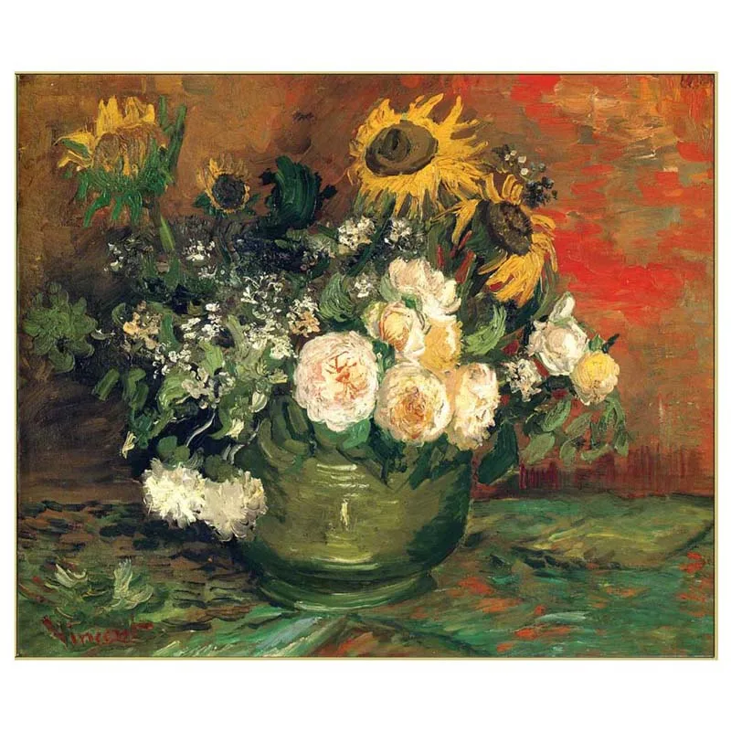 Vincent van Gogh paintings,Still Life with Roses and Sunflowers,Hand-painted flower painting on linen canvas,decoration for home