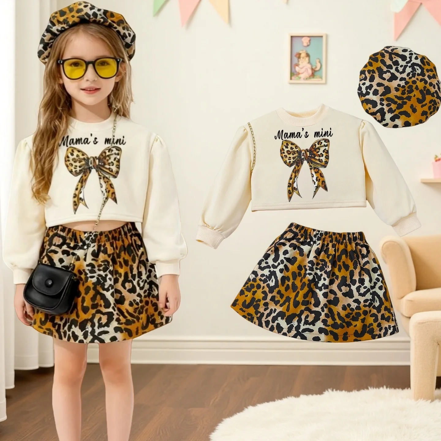 

Kids Girls'Clothes Autumn and Winter Outfits Two-Piece Set Leopard Printed Long-Sleeve Shirt with Short Skirt for Teenager 4-7Y