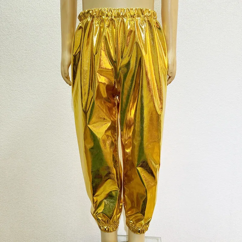 반짝이는 메탈릭 댄스 팬츠 – 어린이와 성인을 위한 신축성 있는 스트레이트 레그 테이퍼드 바지, 무대 공연에 적합