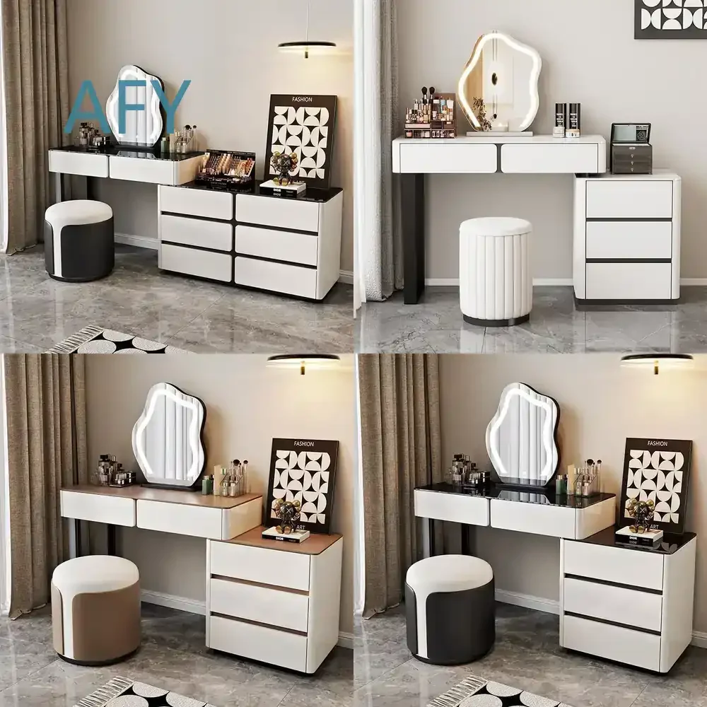 New Luxury Style Dressing Table with Wooden Adjustable LED Mirror White Vanity Table for Bedroom Apartments for IKEA for MUJI