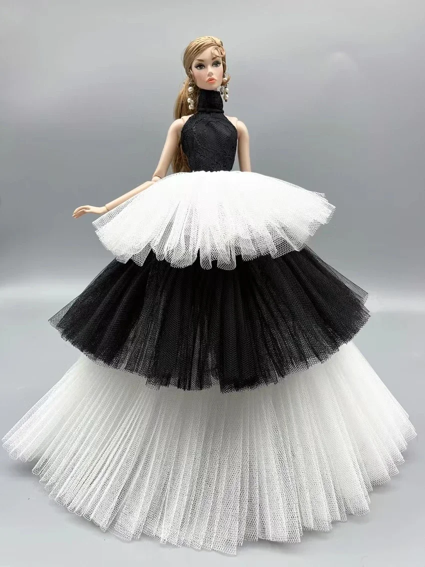 1/6 Doll Dress Black White High Neck Lace Wedding Dresses for Barbie Dolls Clothes Outfits Evening Gown 11.5