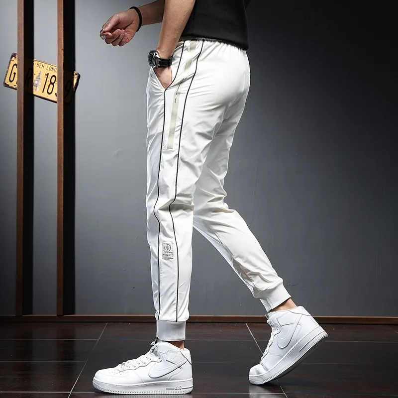 2022 Summer Men Sport Jogging Casual Pants Streetwear Fashion Side Stripe Drawstring White Joggers Trousers