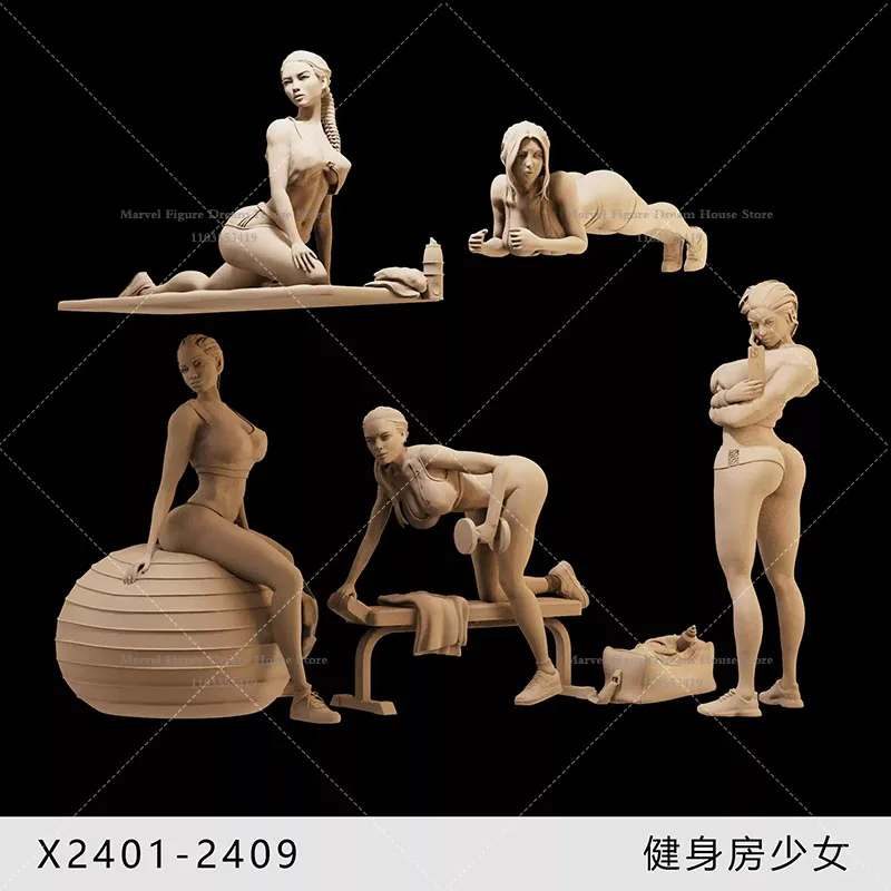 

Миниатюрные фигурки для сцен: девушка в спортзале, занимающаяся йогой, с гантелями и мячом для фитнеса, масштаб 1/64, 1/43, 1/35, белые, без покраски