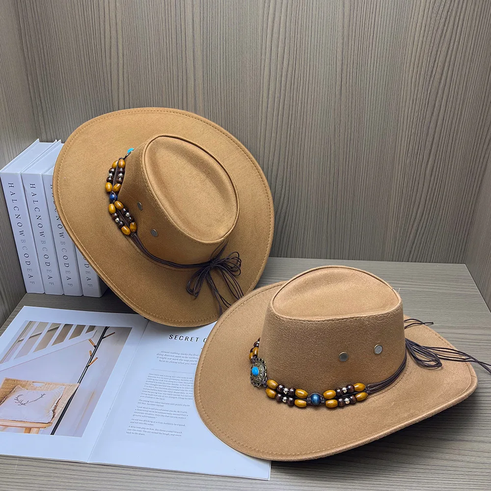 Vintage Western Cowboy Hat Women Men Bohemian Turquoise Beaded Band Wide Brim Felt Cowgirl Hat Ethnic Prairie Travel Fedora Hats