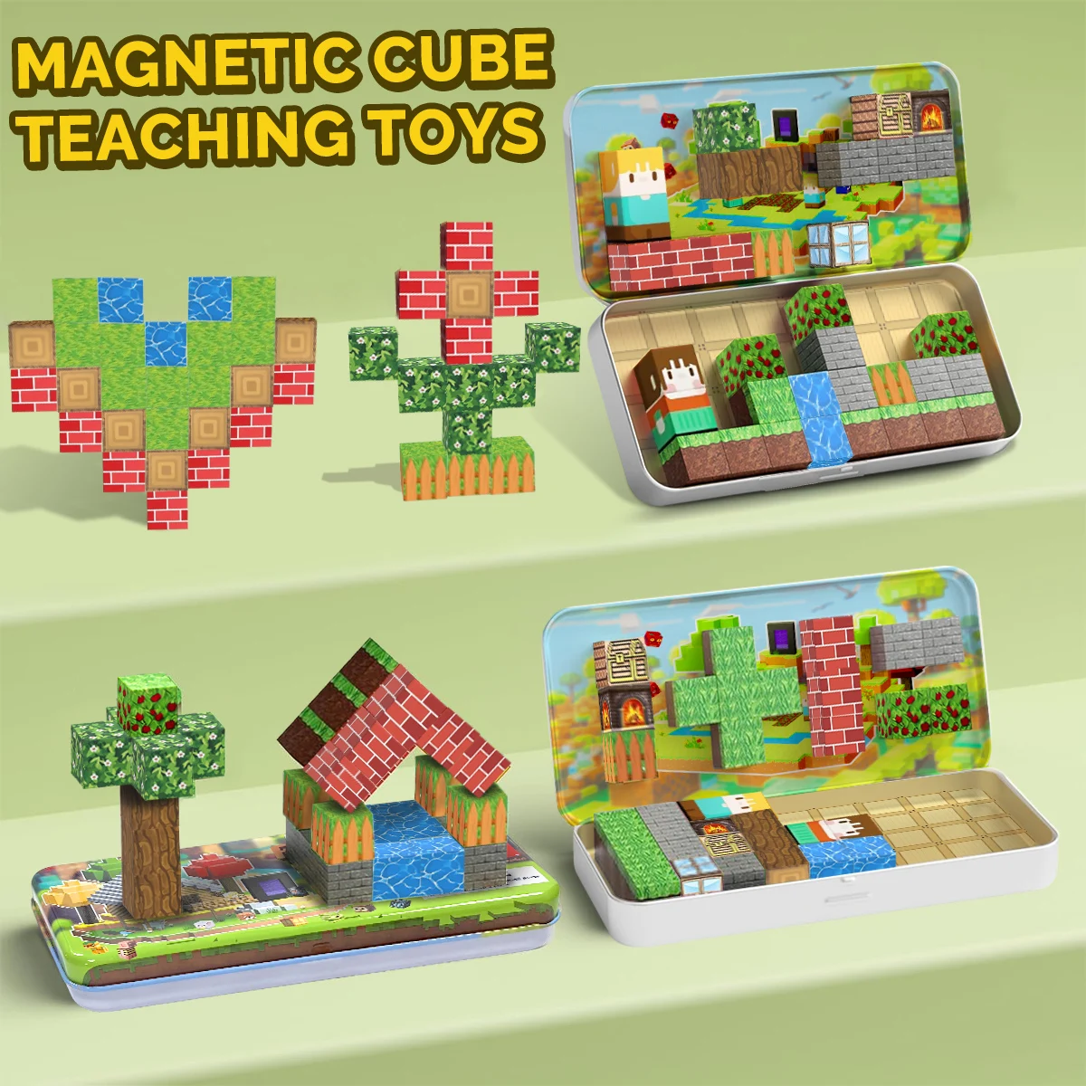 32PCS Magnetische Bausteine Schatzsuche Wald Set für Alter 3 + DIY Modell Kinder STEM Pädagogisches Sinnes Spielzeug mit Eisen Box