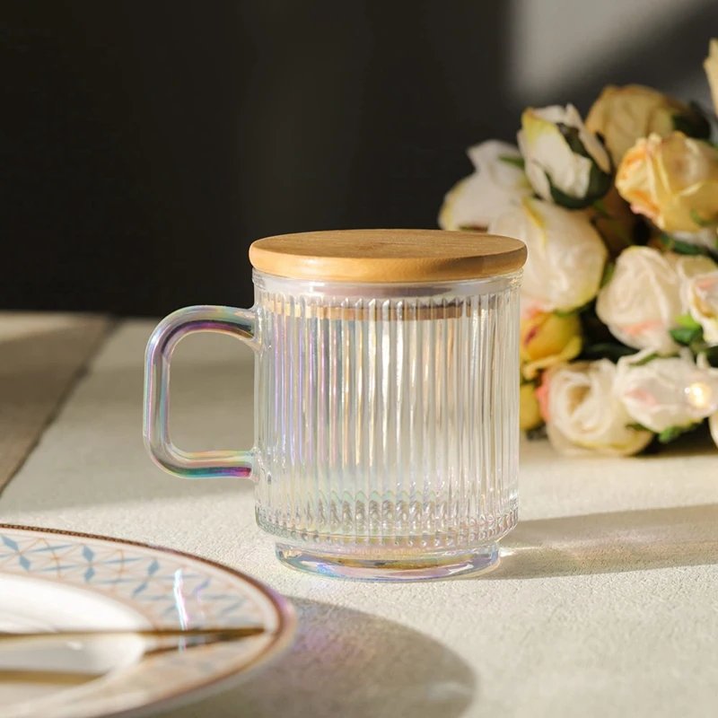 2Pc Glass Coffee Cup With Lid Glass Coffee Mugs Ribbed Coffee Glasses With Handle For Latte Cappuccino Tea Milk