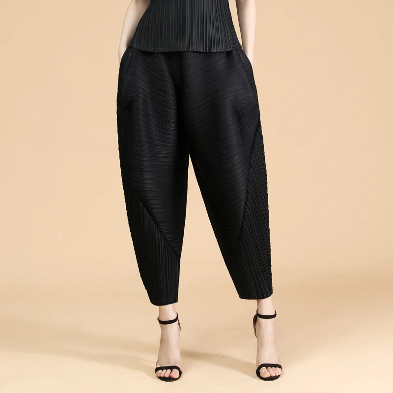 Pantalones Harem doblados para mujer, novedad de verano, pantalones Sle de nueve puntos para papá, pantalones elásticos finos informales con zanahoria