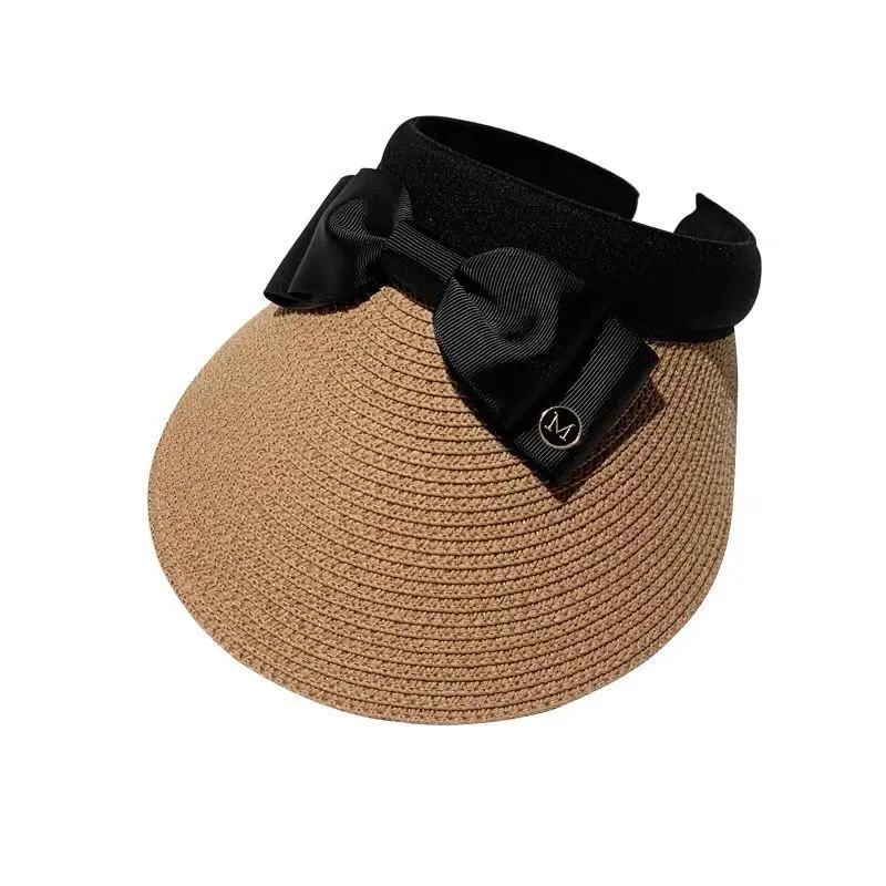 Neue Sommer leere Top Bast Strohhut Frauen Outdoor-Reise Strand Sonnencreme Anti-UV-Reiten Sonnenhut Mädchen große Krempe Bogen Visier Kappe – Detail 3